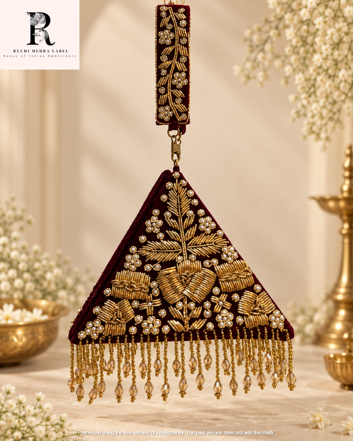 Rajwada Triangle Potli Royal Maroon Zardozi Work